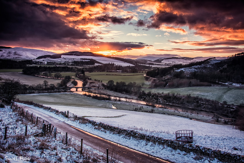 Manor Winter 2 
 Keywords: hills winter peebles scotland borders trees snow sunset bridge