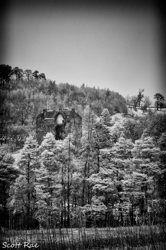 Neidpath through the snow 
 Keywords: castle winter infrared b&w peebles scotland borders trees snow