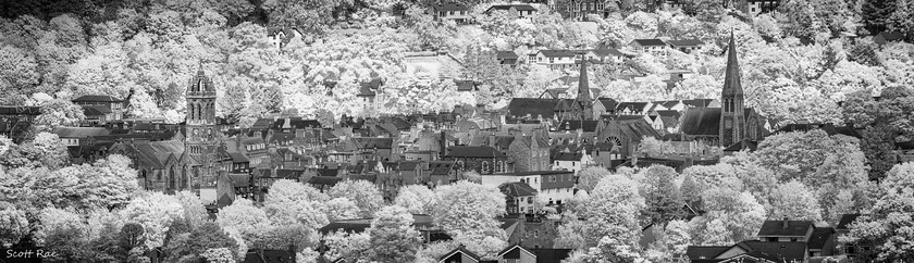 Peebles Panorama in Infrared 
 Keywords: Peebles Borders hills scotland church summer infrared b&w town trees panorama