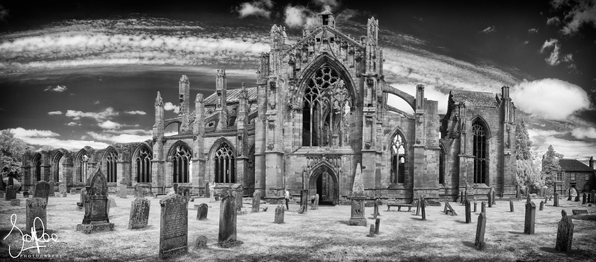 Melrose Abbey IR 
 Keywords: church borders scotland infrared panorama b&w summer