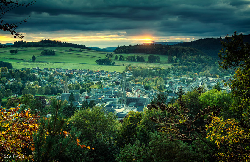 Sunset over Peebles from Venlaw 
 Keywords: town peebles scotland borders sunset autumn church trees hills