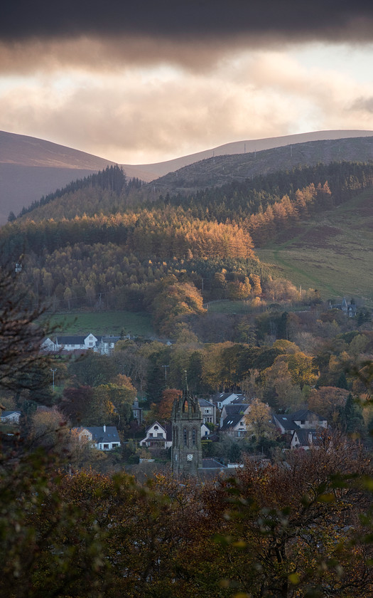 Dusky Autumn over Peebles 
 Keywords: church town autumn peebles scotland borders trees