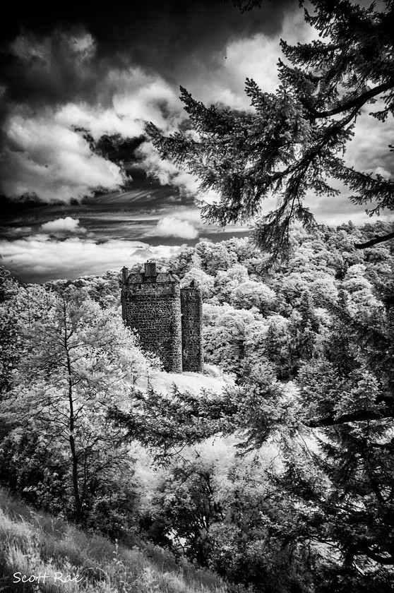 Neidpath Castle in Infrared 2 
 Keywords: Peebles Borders hills scotland summer infrared b&w trees castle