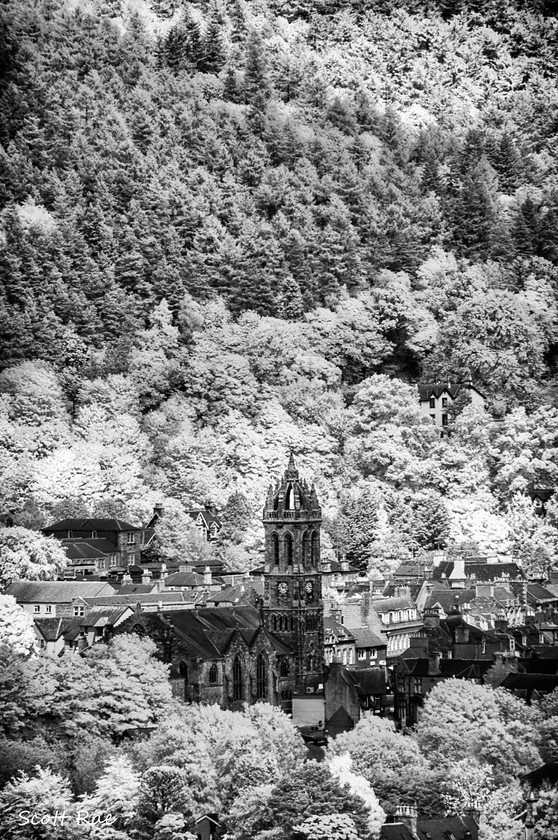 Peebles from the Sware 
 Keywords: Peebles Borders hills scotland church summer infrared b&w town trees