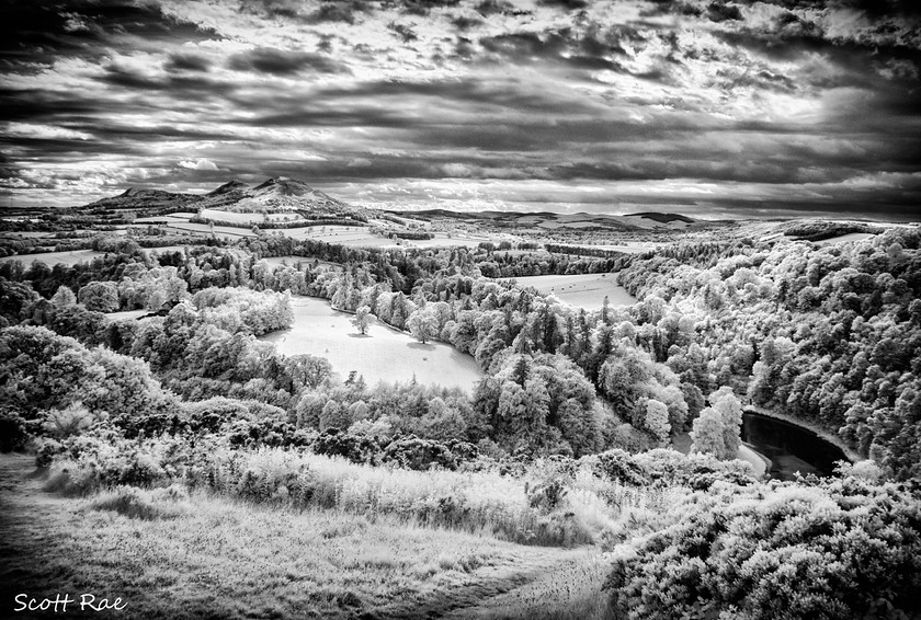 Scott s View in Infrared 
 Keywords: Borders hills scotland summer infrared b&w river water