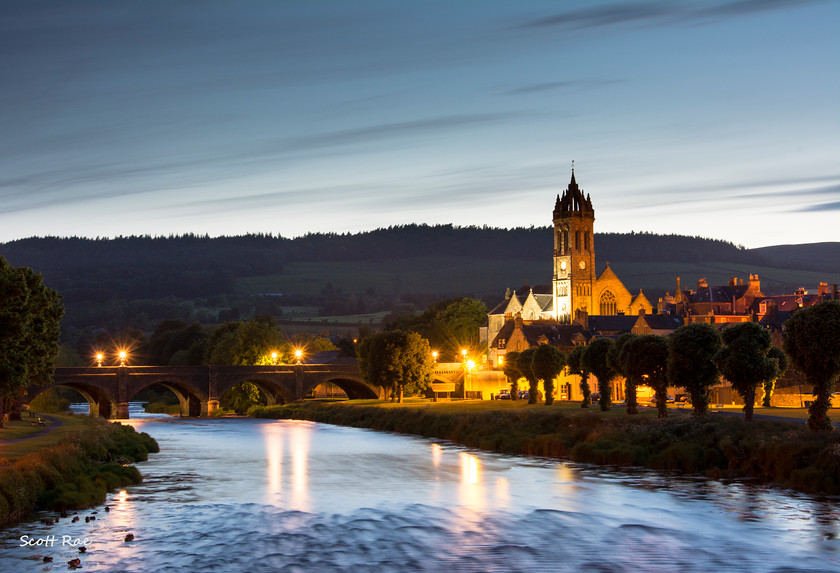 Parish Church of Peebles on a Midsummer Evening 
 Keywords: Peebles Borders hills scotland summer church town trees night river water bridge