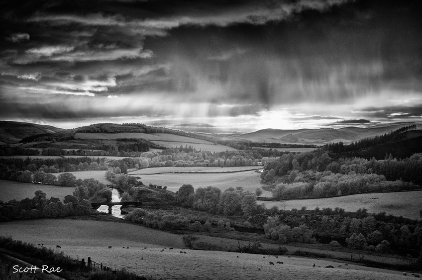 Manor Bridge showers IR 
 Keywords: Borders hills scotland autumn infrared b&w river water bridge sunset peebles