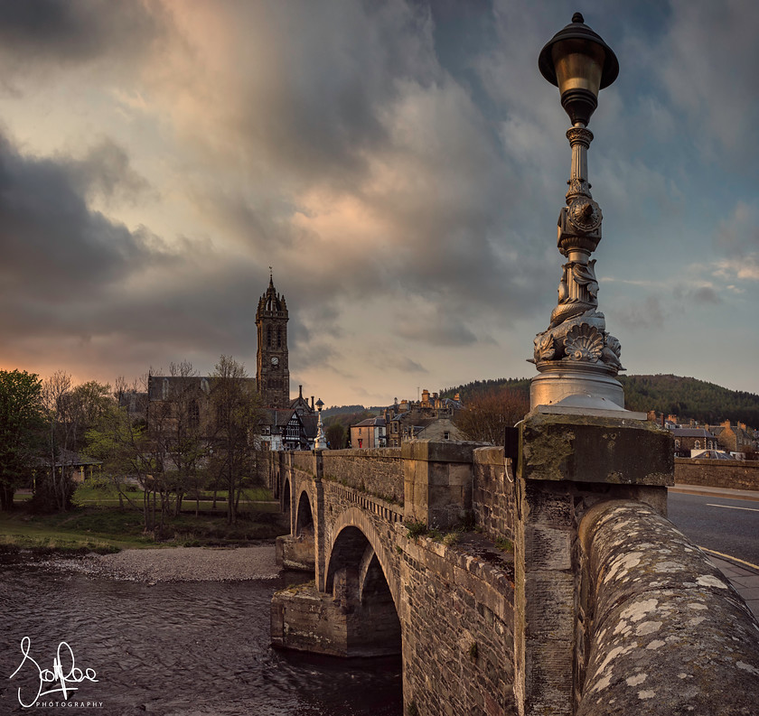 Parish Church and Tweed Bridge 
 Keywords: Peebles Borders Town Sunset Bridge Water river hills church scotland square spring