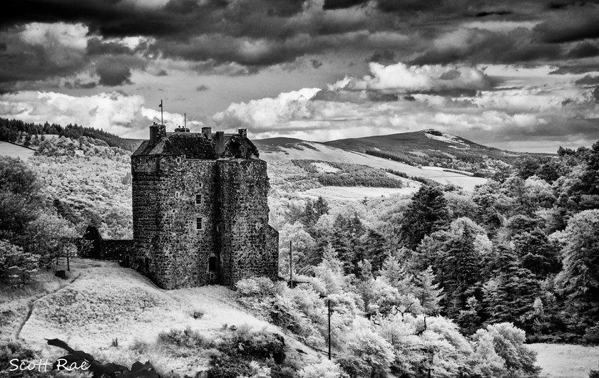 Neidpath Castle in Infrared 1 
 Keywords: Peebles Borders hills scotland summer infrared b&w trees castle