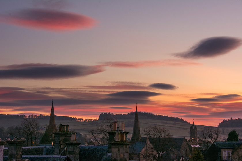 3 spires of Peebles 
 Keywords: sunset church peebles town scotland borders hills spring