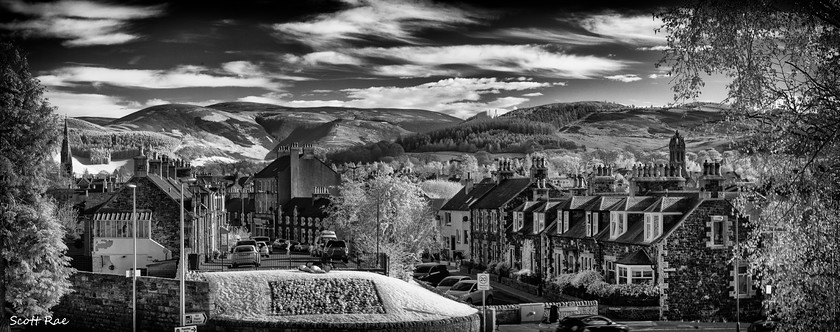 Edinburgh Road IR 
 Keywords: peebles town infrared panorama summer church trees borders scotland b&w hills