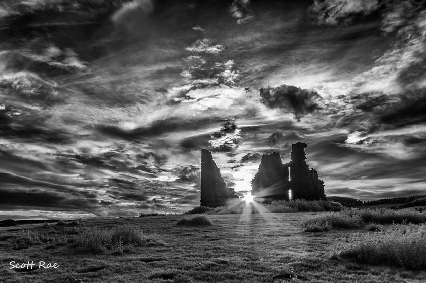 Horsburgh Castle Sunset in Infrared 
 Keywords: Peebles Borders hills scotland summer infrared b&w castle sunset