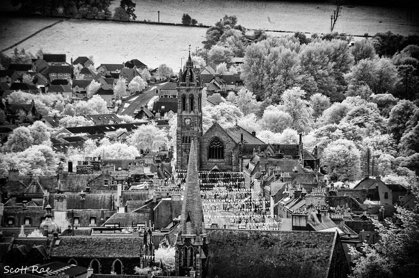 Beltane Wednesday IR 
 Keywords: peebles scotland borders church town trees infrared people b&w summer