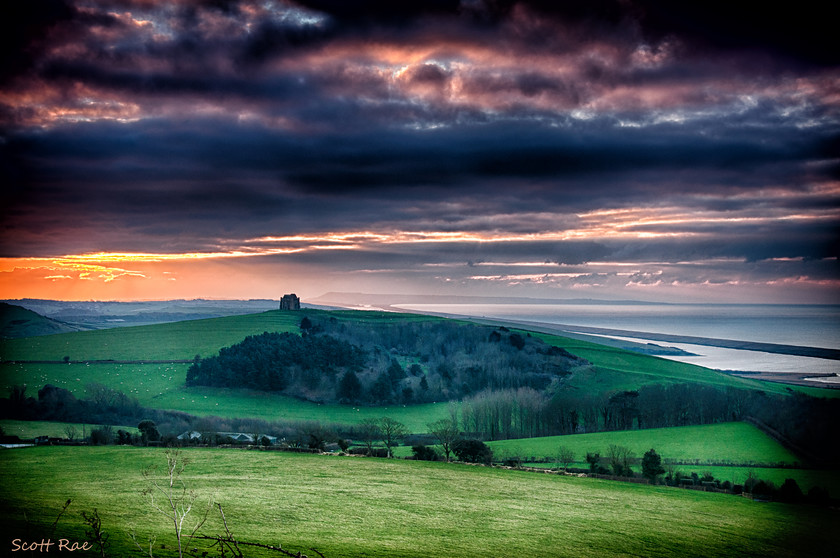 St Catherines Chapel and Chesil Beach Sunrise 
 Keywords: UK winter england Dorset SW sea coast water church dawn