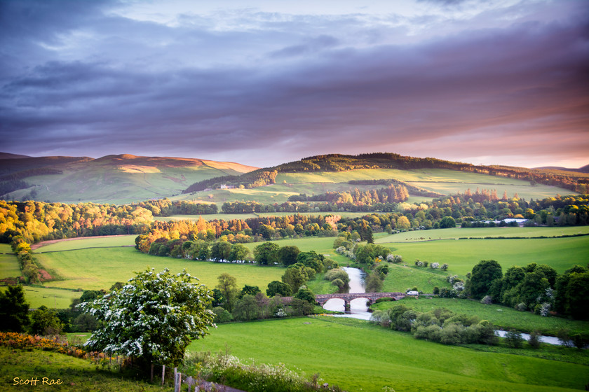 Sunset over Manor Bridge from the Sware 
 Keywords: Sunset bridge peebles scotland borders water river summer